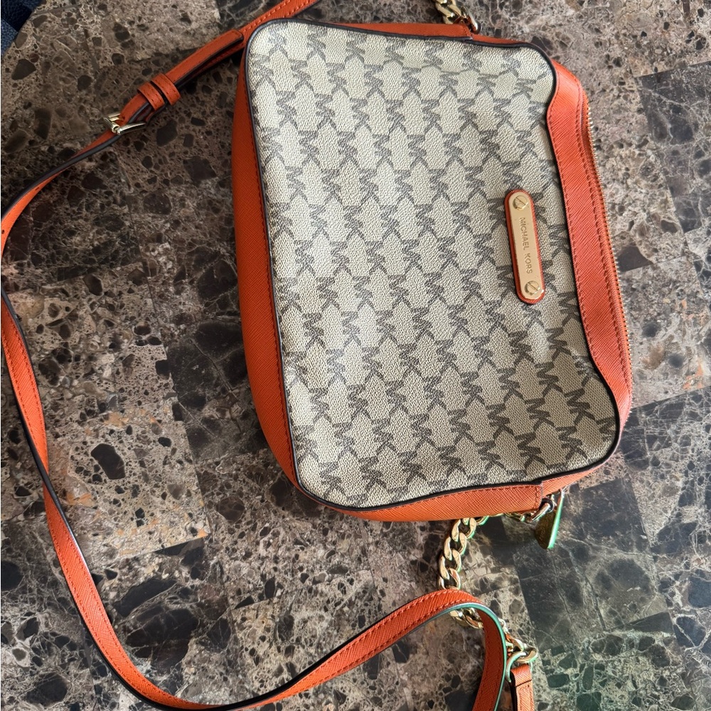 Micheal Kors Signature Patterned Orange Crossbody Bag